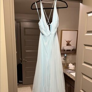 Hello Molly Pale Blue Backless V-Neck Tulle Gown